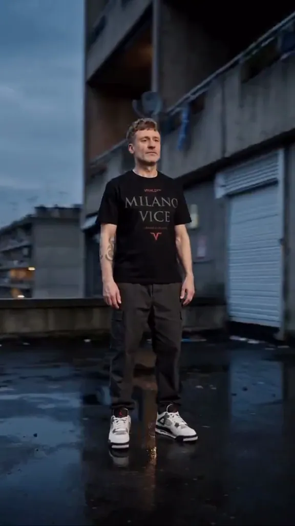 Das Model im Milano-Vice-Shirt auf einem regennassen Dach vor Betonfassaden.