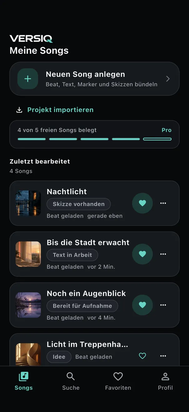 Die Songliste mit vier Songprojekten und ihren Covern.